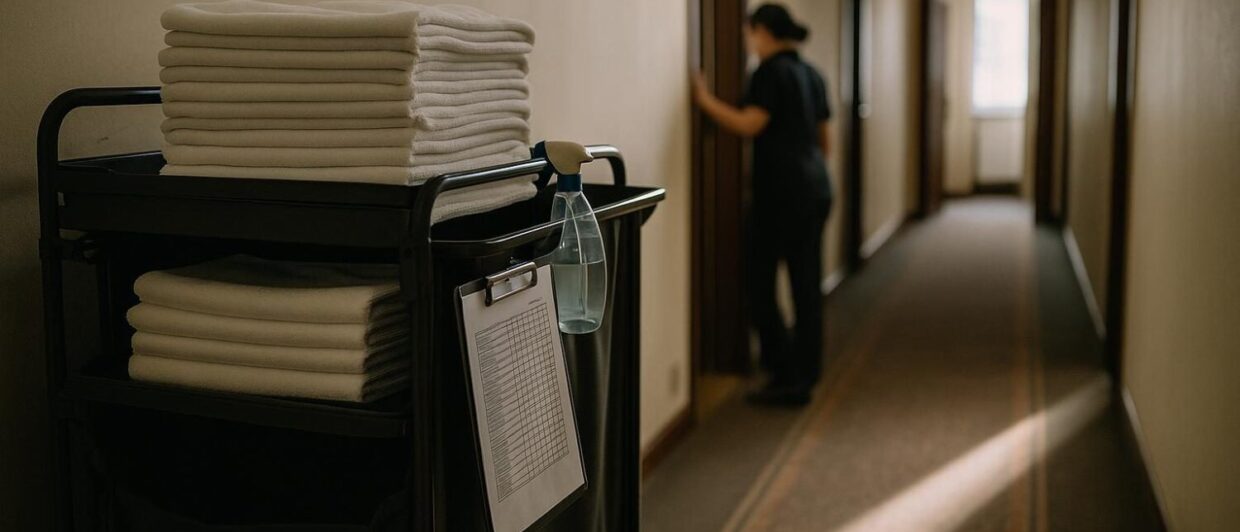 Housekeeping-Wagen mit Handtüchern und Klemmbrett im Hotelflur, Reinigungskraft von hinten an geöffneter Zimmertür