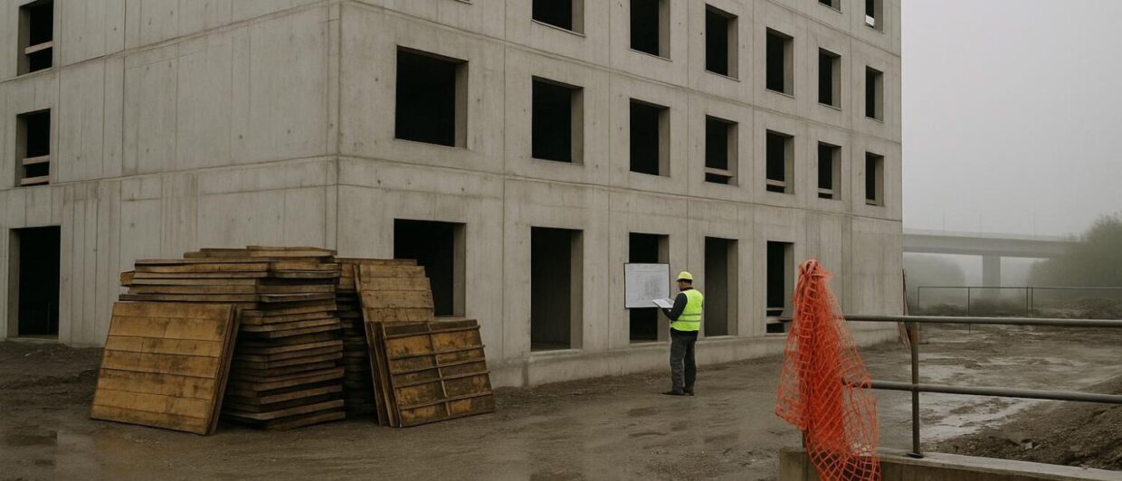 Rohbau des Hampton by Hilton Salzburg Liefering an der Schmiedingerstraße, Bauarbeiter mit Klemmbrett