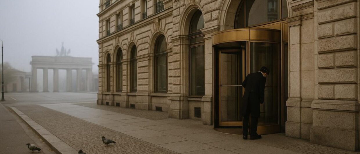 Adlon-Fassade am Pariser Platz, Morgen, Mitarbeiter von hinten an der Eingangstür