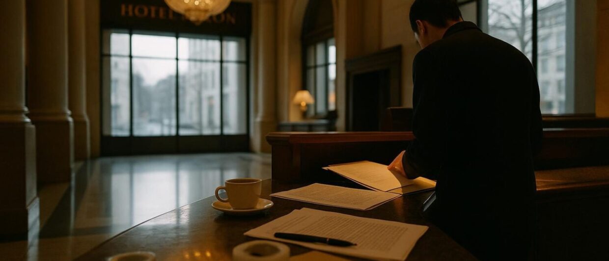 Rezeptionist am Tresen des Hotel Adlon prüft früh morgens Unterlagen, leere Lobby im Gegenlicht