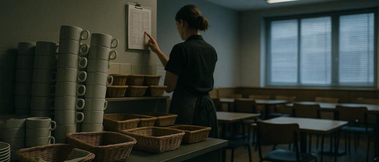 Leerstehendes Hotelfrühstücksbuffet vor Öffnung, Mitarbeiterin prüft Checkliste, unbestuhlte Tische