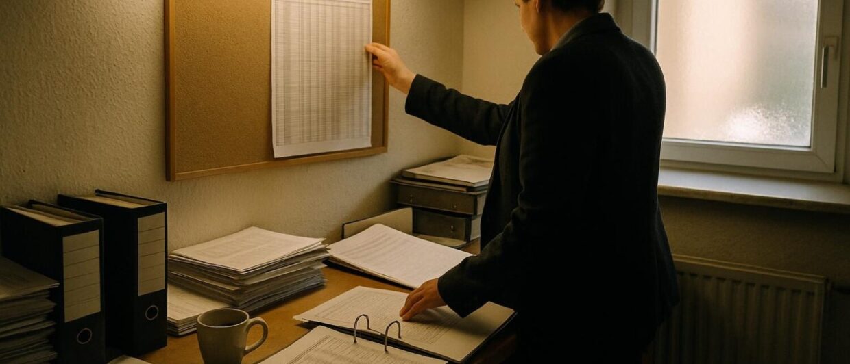 Backoffice eines Privathotels: Aktenordner, Zahlenausdruck an Pinnwand, Person von hinten, Bürolicht