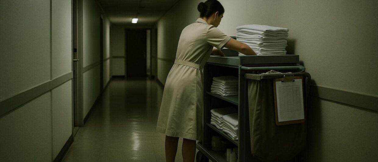 Housekeeperin von hinten am Servicewagen im Hotelflur, Klemmbrett mit Zimmerliste, Frühschicht