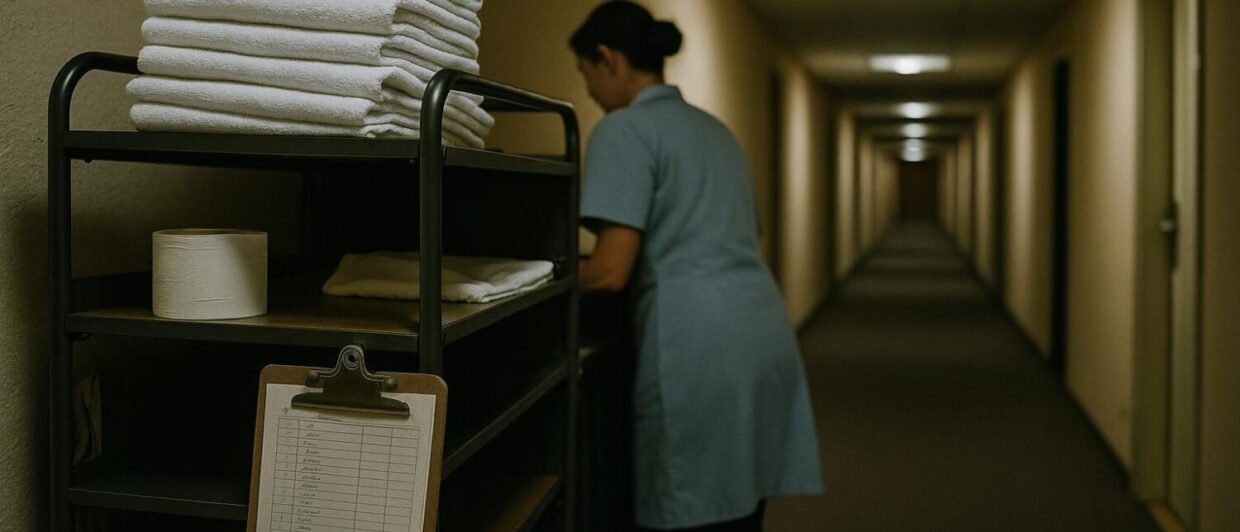 Housekeeping-Wagen mit Handtüchern und Klemmbrett im Hotelflur, Mitarbeiterin von hinten