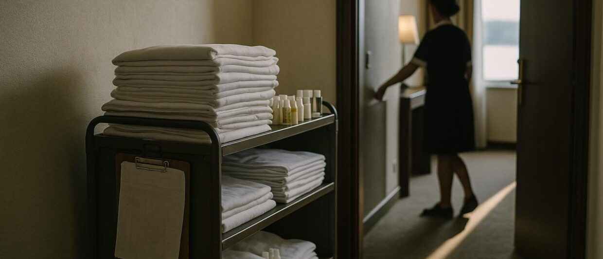 Housekeeping-Wagen im Hotelflur, im Hintergrund offene Zimmertür mit Seelicht, Mitarbeiterin von hinten