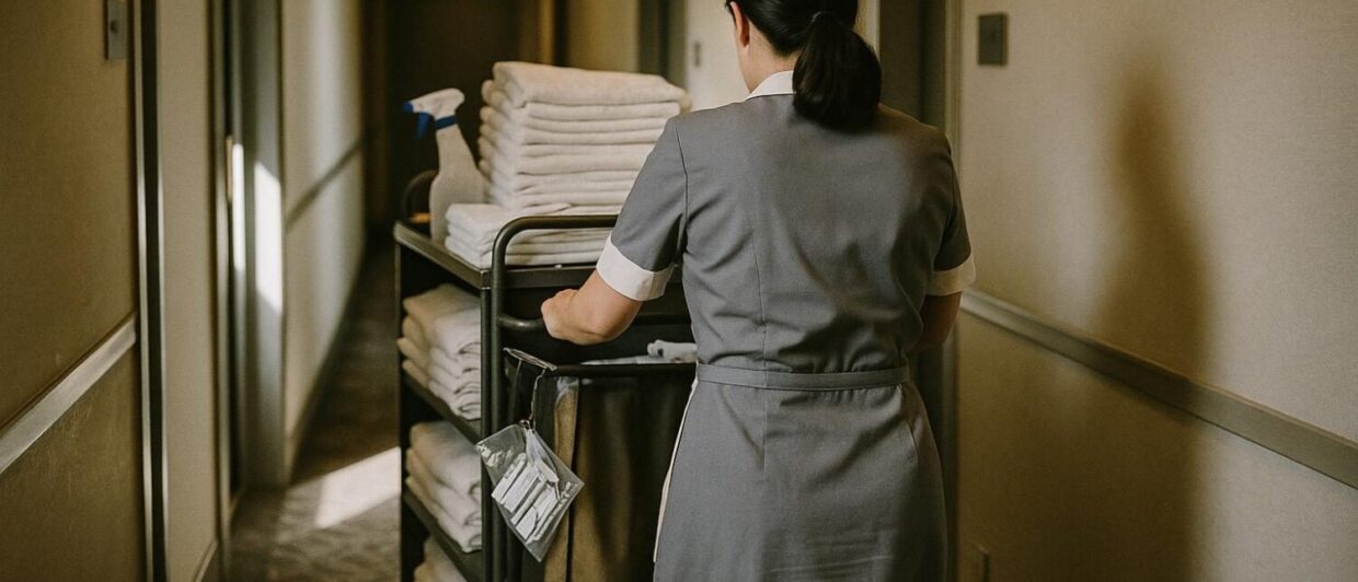 Housekeeperin schiebt Reinigungswagen durch Hotelkorridor, Morgenlicht fällt aus geöffneter Zimmertür auf den Teppich.