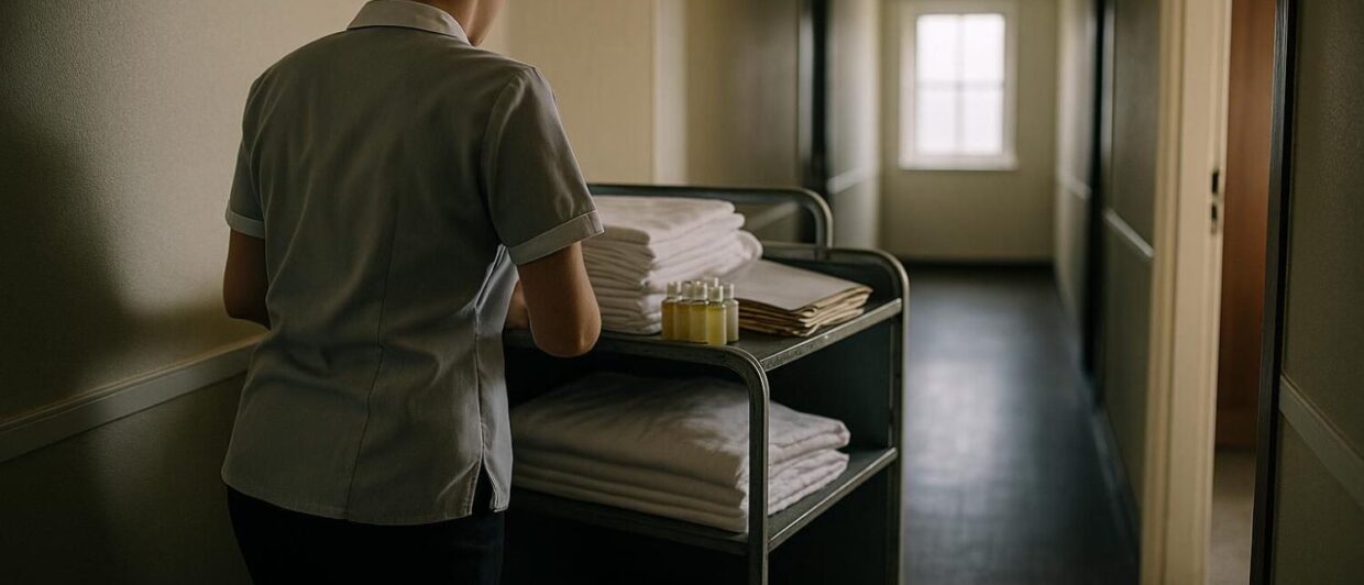 Housekeeperin schiebt Servicewagen durch Hotelflur in Köln, Morgenlicht, von hinten