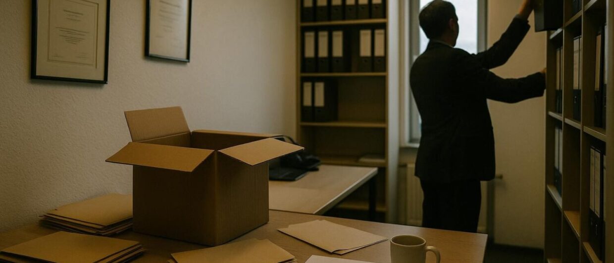 Büro mit halbgefülltem Umzugskarton, Aktenordnern und Person von hinten am Regal