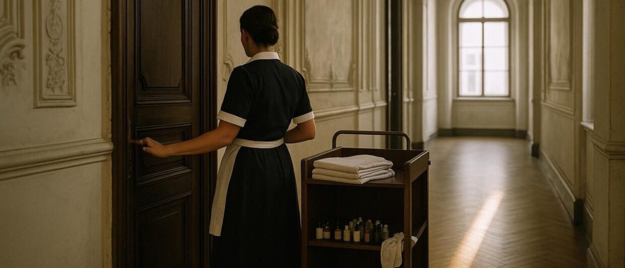 Hausdame öffnet Suiten-Tür im Stuckkorridor des Palais Coburg, Wien, Nachmittagslicht