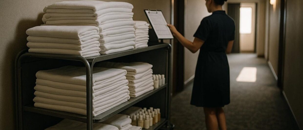 Housekeeping-Wagen mit Wäschestapeln im Hotelkorridor, Mitarbeiterin von hinten prüft Checkliste