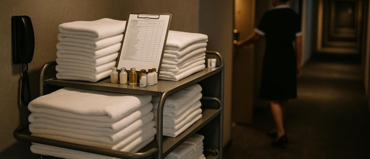 Housekeeping-Wagen im Korridor des Zürich Marriott, Mitarbeiterin von hinten an Zimmertür