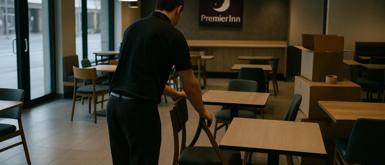 Mitarbeiterin richtet Frühstücksbereich im neuen Premier Inn Halle ein, Kartons an der Wand