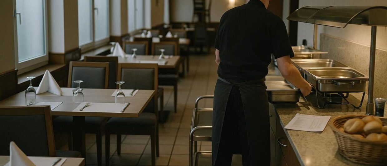 Hotelmitarbeiterin räumt Frühstücksbuffet ab, teils bestuhlt, Morgenlicht, Baden-Württemberg