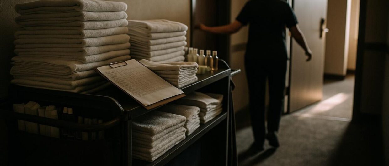 Housekeeping-Wagen mit Wäsche und Klemmbrett im Hotelflur, Mitarbeiterin von hinten an offener Zimmertür