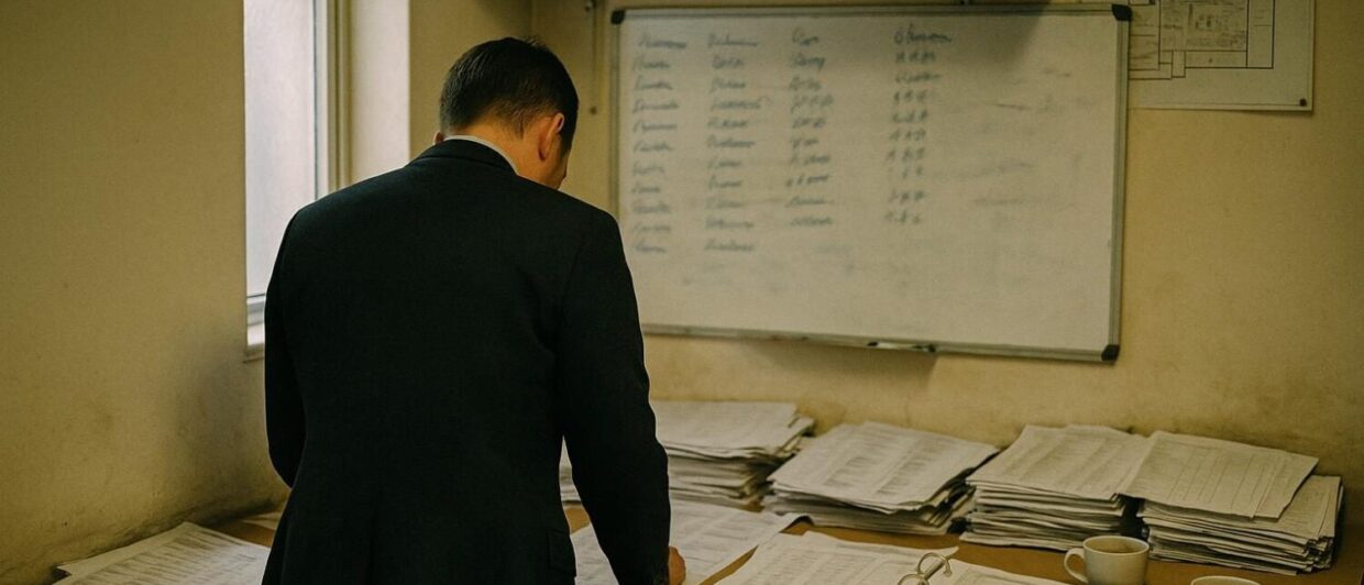 Hotelmanager von hinten am Büroschreibtisch mit Zimmerlisten und Ordnern, Whiteboard im Hintergrund