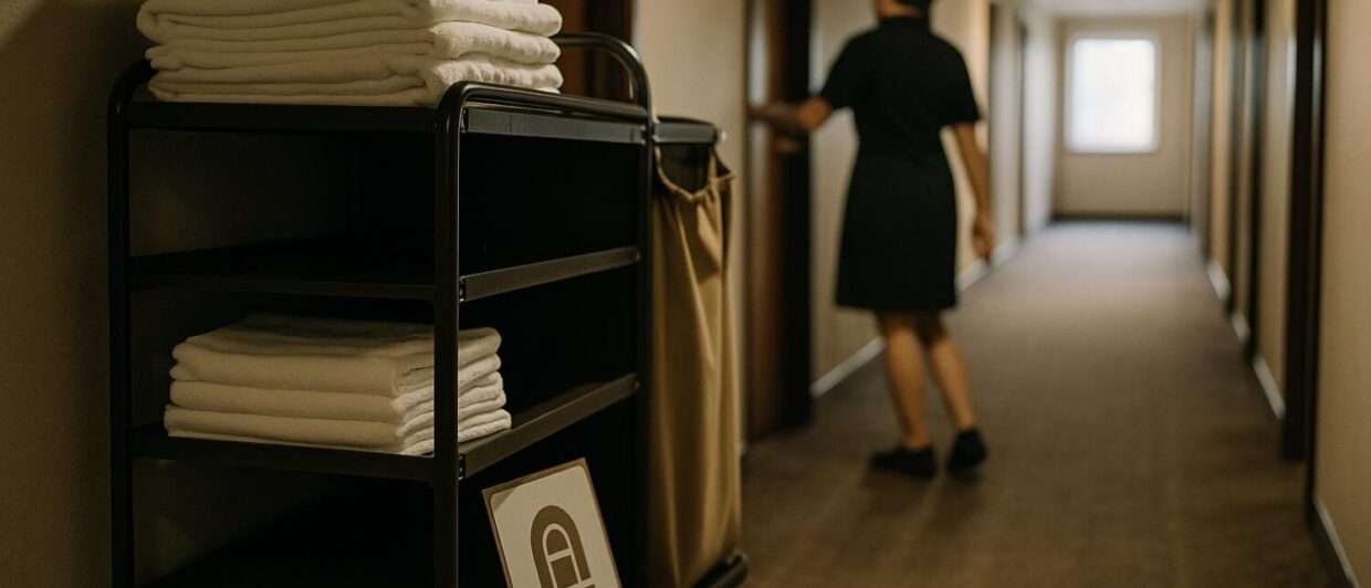 Housekeeping-Wagen im Hotelflur mit neuem Markenschild, Mitarbeiterin von hinten öffnet Zimmertür, Dresden