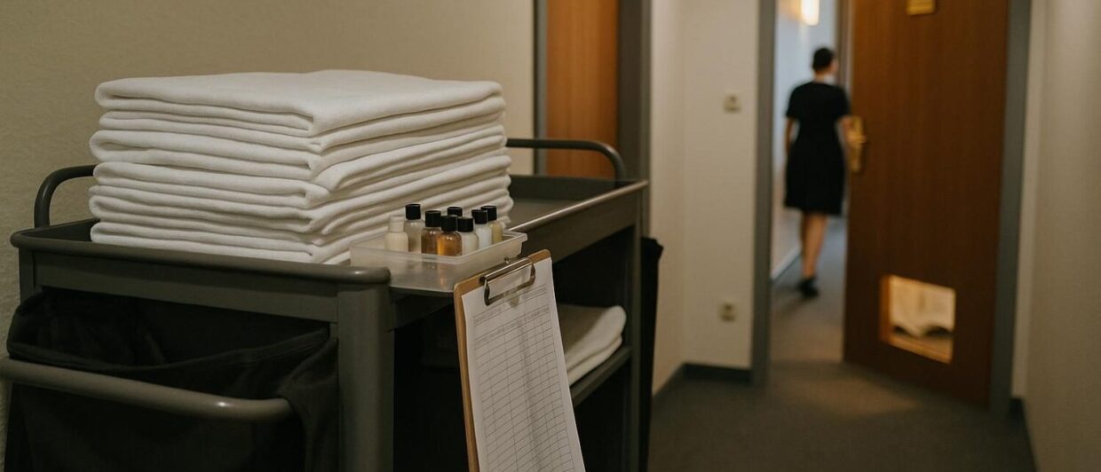 Housekeeping-Wagen mit Wäsche und Klemmbrett im Hotelflur, renoviertes Zimmer im Hintergrund halb geöffnet