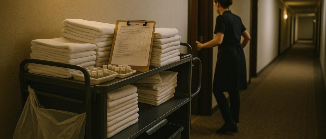 Housekeeping-Wagen mit Klemmbrett im Hotelflur, Mitarbeiterin von hinten an geöffneter Zimmertür