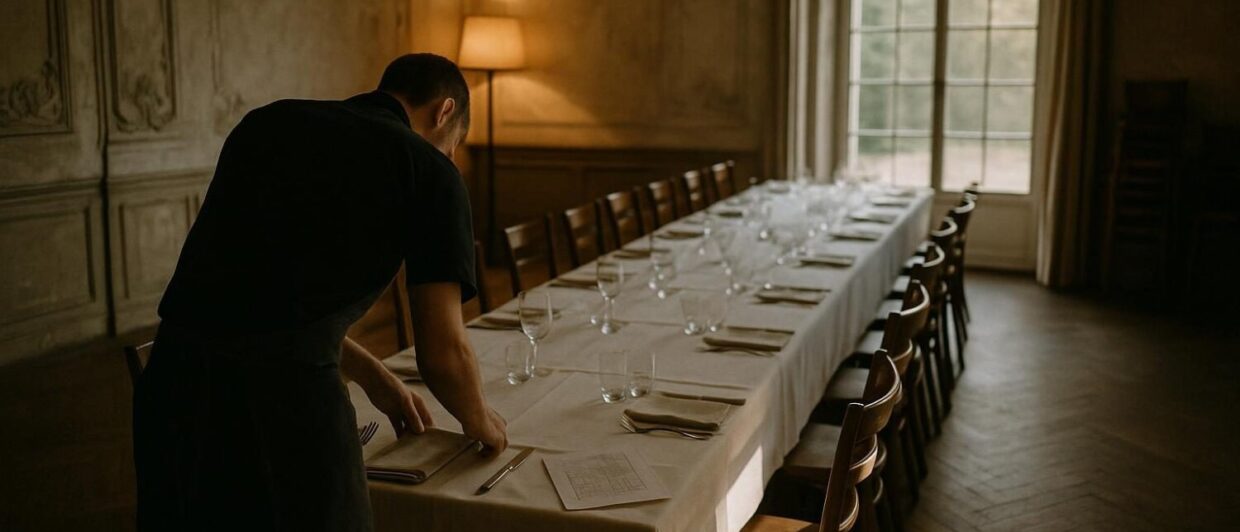 Servicekraft richtet Abenddinner-Tisch in historischem Villen-Salon, Kennedyallee Frankfurt