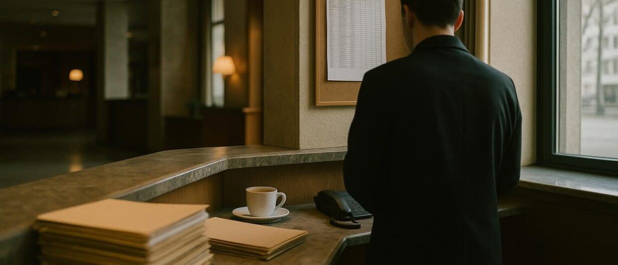 Hotelangestellter prüft Unterlagen an der Rezeption einer Münchener Hotellobby im Morgenlicht.