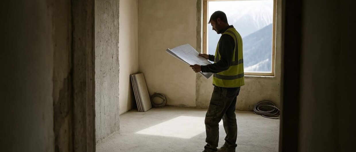 Rohbau im Berwanger Hof: Arbeiter prüft Bauplan vor unverglastem Fenster, Betonwand, Fliesenstapel