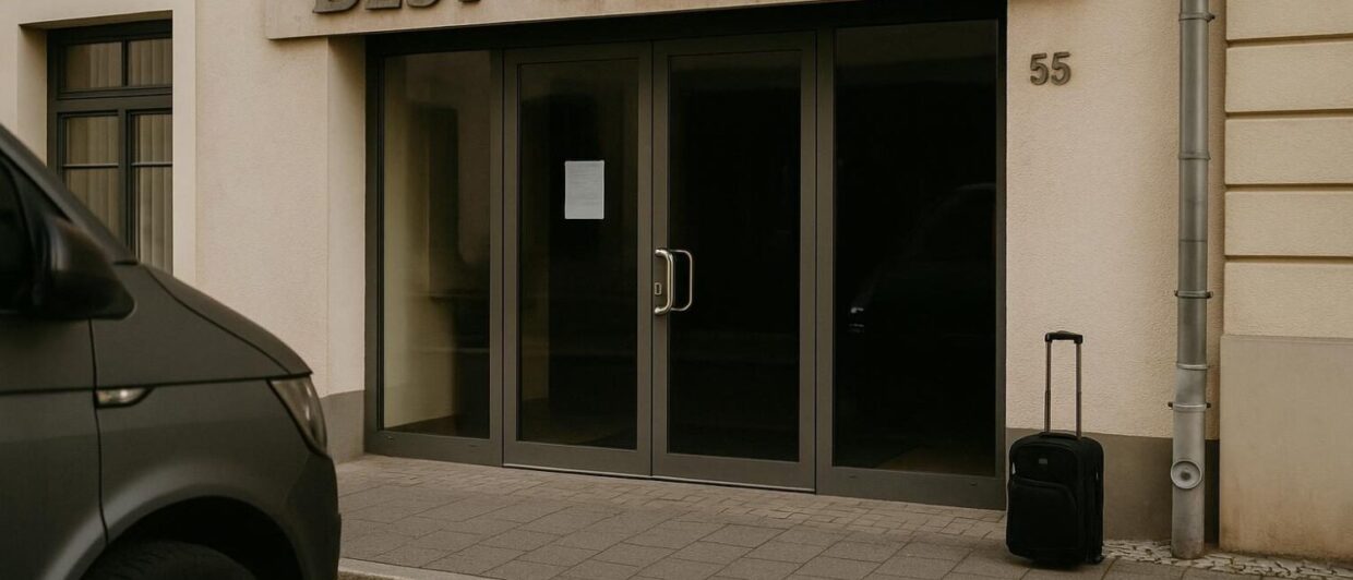 Dunkle Hoteleingang an der Collegienstraße Wittenberg, Zettel an der Glastür, verlassener Koffer auf dem Gehweg.