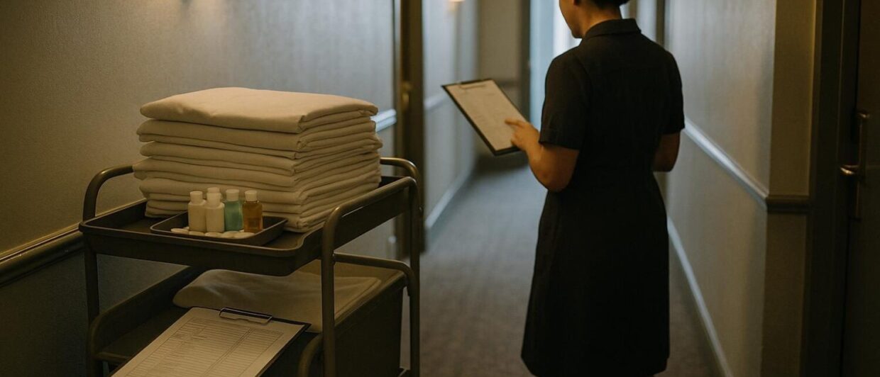 Housekeeping-Wagen mit Wäsche und Klemmbrett im Hotelflur, Mitarbeiterin von hinten prüft Liste