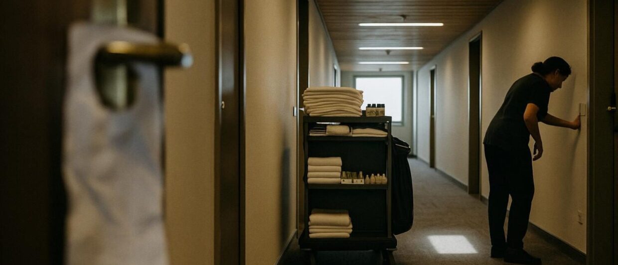 Housekeeping-Wagen im Flur des Leonardo Smart Vienna Airport Hotel, Mitarbeiterin von hinten an Zimmertür