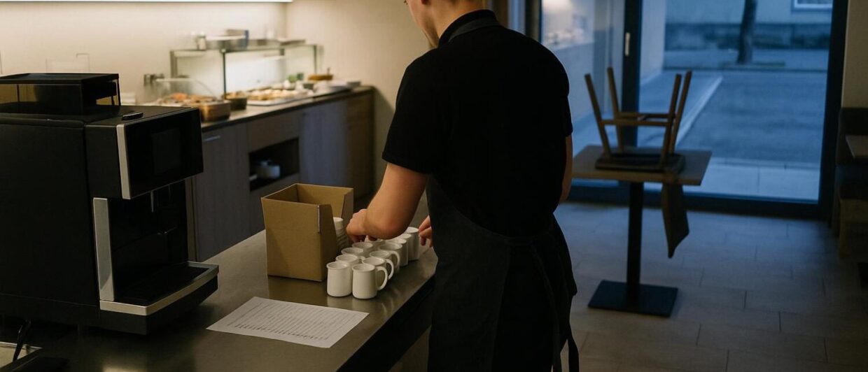 Hotelangestellter richtet Frühstücksbuffet ein, Hampton by Hilton Salzburg Messe, kurz vor Öffnung