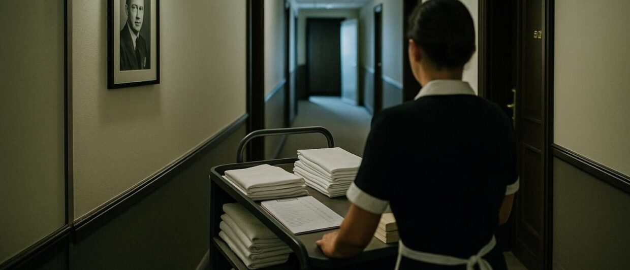 Housekeeping-Wagen im Korridor des Hotel Herrenhof Wien, neue Markenkarten unverteilt auf dem Wagen