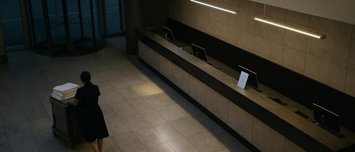 Leere Hotellobby am Morgen, Housekeeperin von hinten schiebt Wagen an verlassenem Empfangstresen vorbei