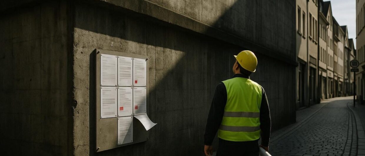 Hochbunker Nagelsgasse Koblenz, Baugenehmigung am Bauzaun, Arbeiter von hinten, Fußgängerzone