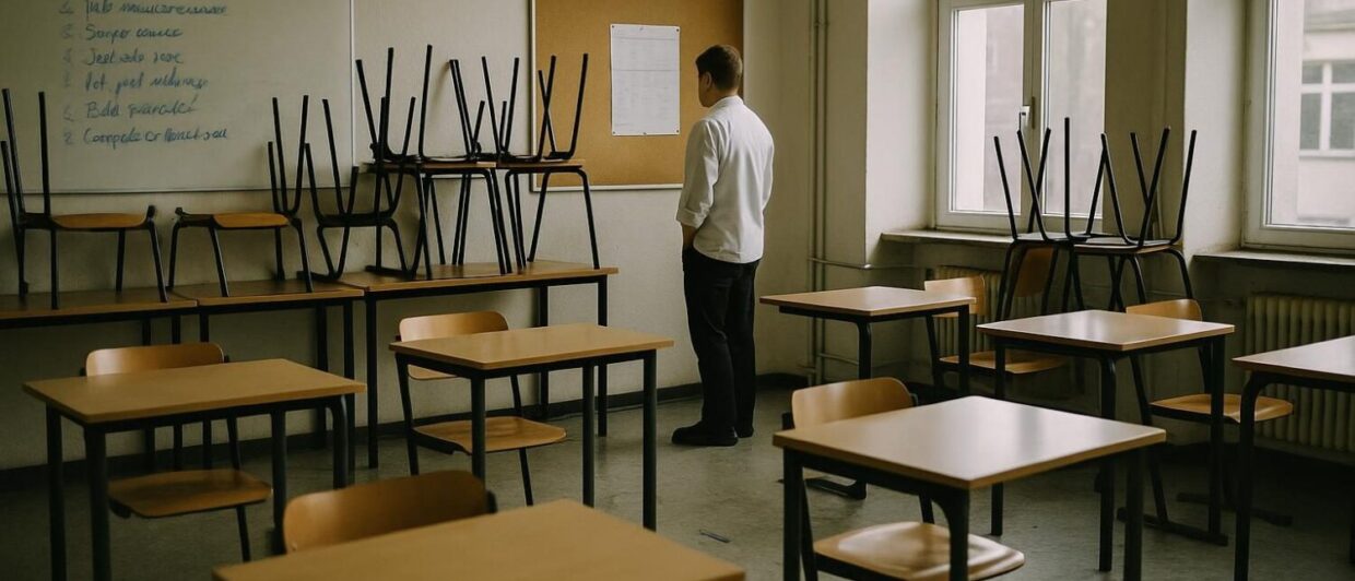 Berufsschulraum im OSZ Gastgewerbe Berlin, Schüler in Kochkleidung liest Aushang, Morgenlicht