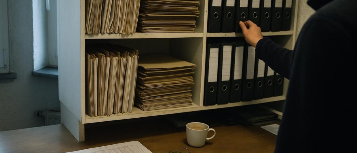 Hotelbackoffice mit Aktenordnern, bedruckter Tabelle und Kaffeebecher, Person greift beiläufig nach Unterlagen