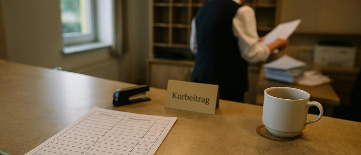 Hotelrezeption in einem Thüringer Kurort: Kurbeitrag-Schild und Formulare auf dem Tresen, Mitarbeiterin von hinten