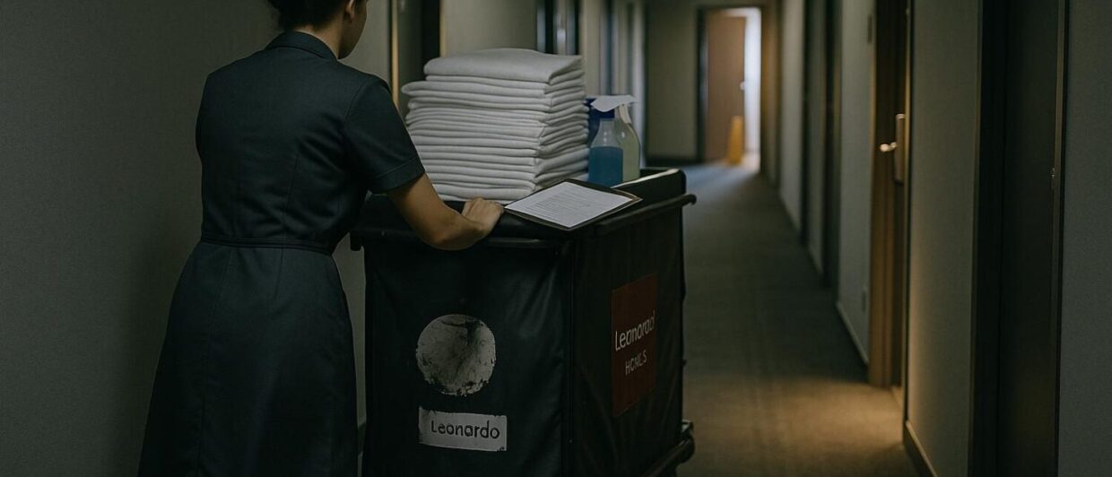 Housekeeping-Wagen mit halb überklebtem Revo-Logo im Hotelkorridor, Mitarbeiterin von hinten