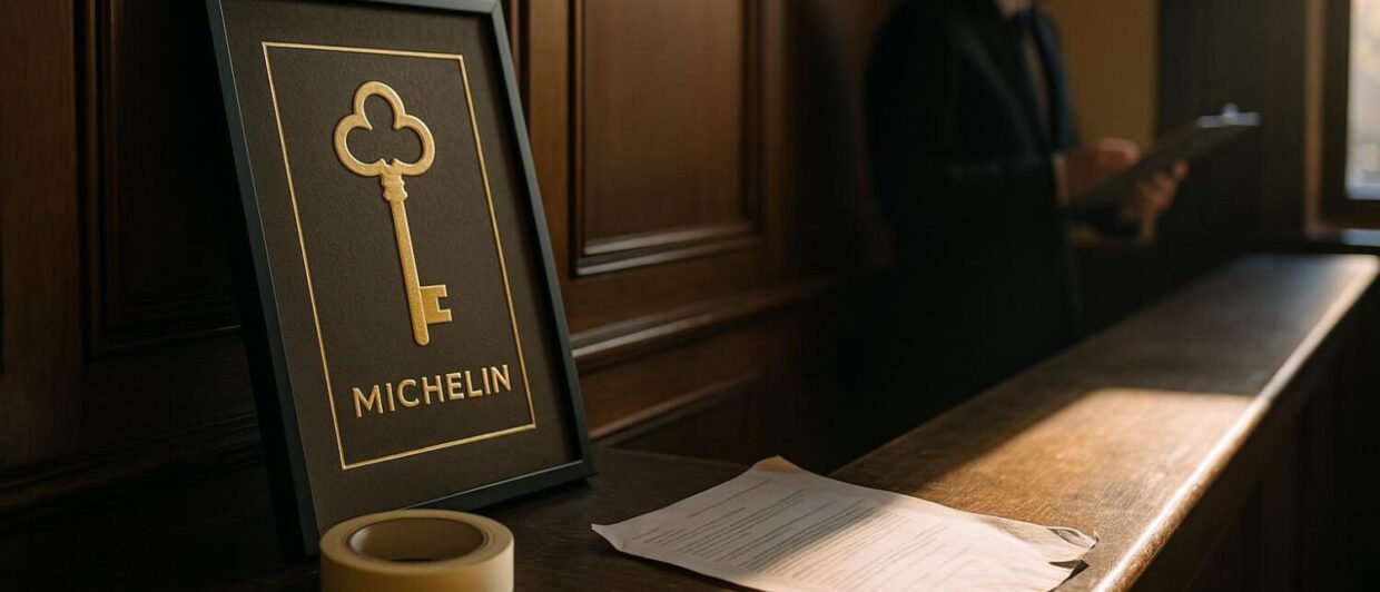 Michelin-Key-Zertifikat lehnt unaufgehängt am Rezeptionstresen, Mitarbeiter mit Klemmbrett im Hintergrund