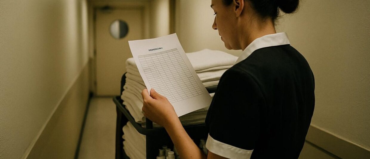 Reinigungskraft im Hotelgang prüft handschriftlich annotierten Dienstplan am Housekeeping-Wagen