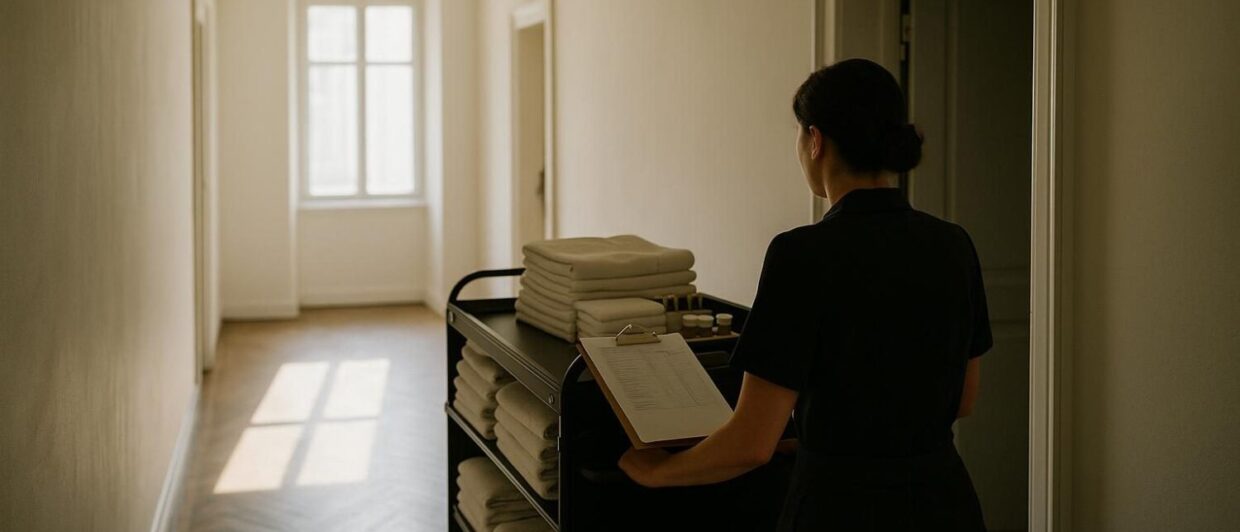 Housekeeper schiebt Servicewagen durch einen Flur im Palais Faber Salzburg, Morgenlicht auf Parkett