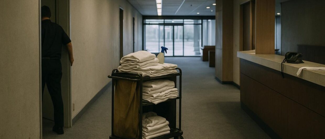 Verlassener Housekeeping-Wagen in einem Hotelflur, Rezeption unbesetzt, Telefonhörer liegt auf dem Tresen