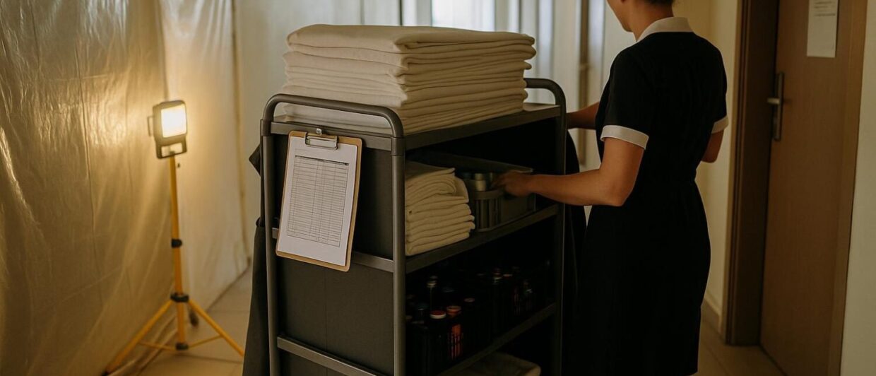 Housekeeping-Wagen im Hotelflur neben Bauschutzfolie, Mitarbeiterin von hinten, Münster