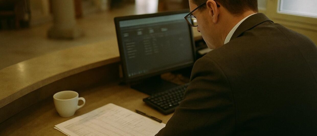 Hotelrezeptionist von hinten über ausgedrucktem Kanalbericht mit handschriftlichen Notizen, Lobby, Tageslicht