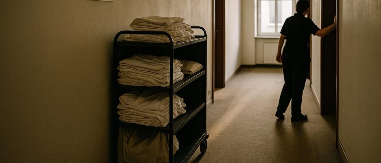 Hotelkorridor mit Housekeeping-Wagen, Mitarbeiterin von hinten an offener Zimmertür, schräges Nachmittagslicht