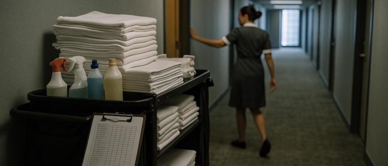 Housekeeping-Wagen mit Wäsche und Klemmbrett im langen Flur eines Großhotels, Mitarbeiterin von hinten