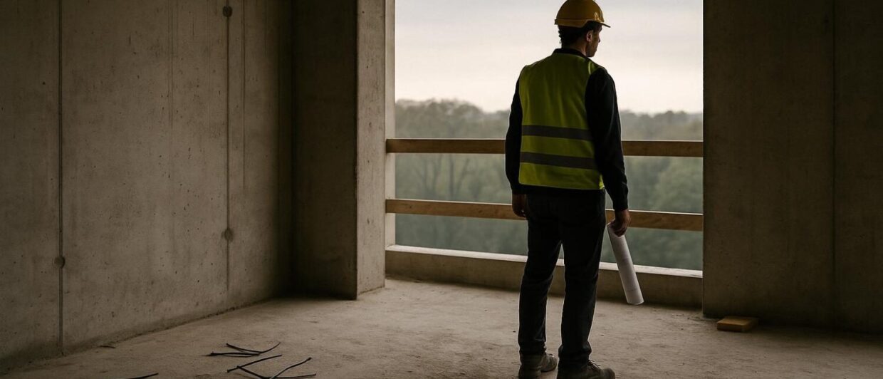 Rohbau-Etage des Roomers Parkview Frankfurt, Bauarbeiter am Fensterausschnitt mit Blick auf Grüneburgpark