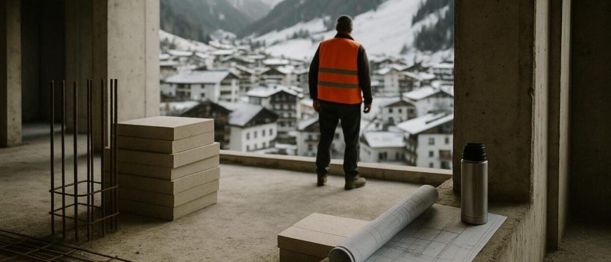 Rohbau in Ischgl: Arbeiter blickt durch offene Fassade auf verschneite Ortschaft, Bewehrungsstahl im Vordergrund