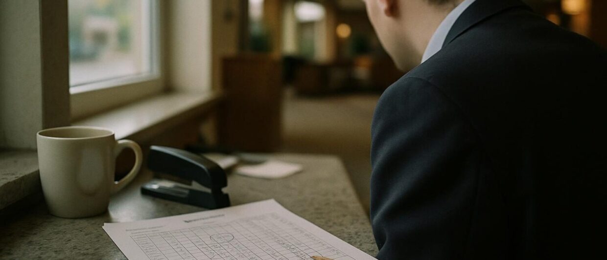 Hotelangestellte prüft handschriftlich markierten Belegungsplan an unaufgeräumter Rezeption, diffuses Herbstlicht