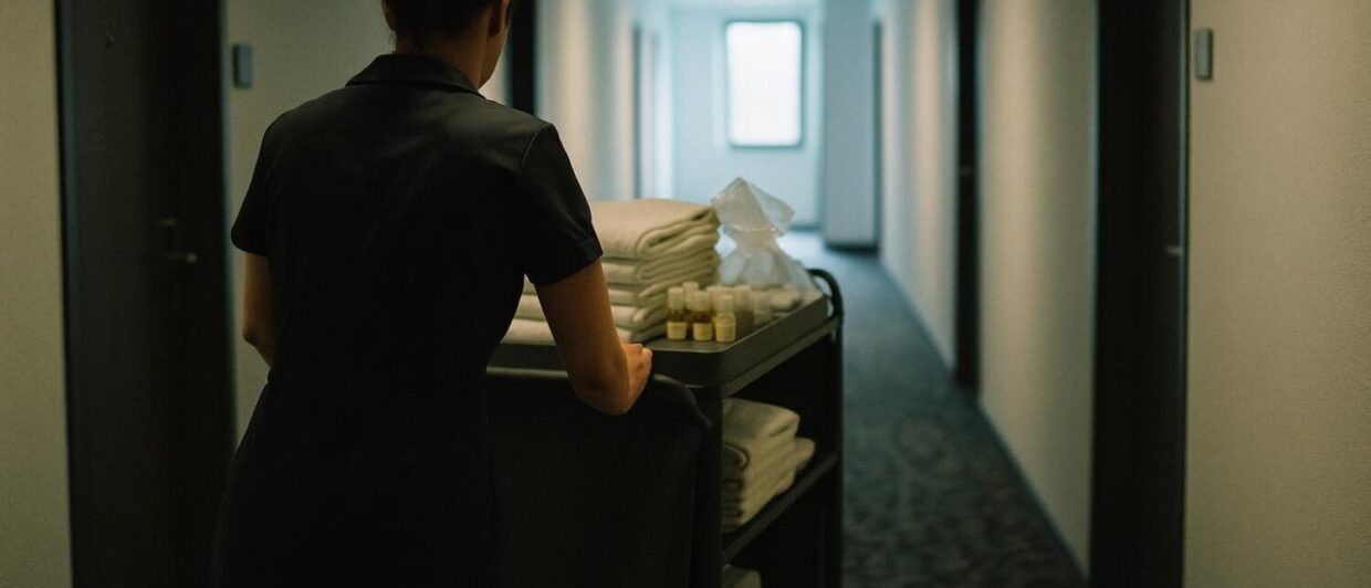 Housekeeping-Mitarbeiterin schiebt Wagen durch den Hotelflur des Ibis Styles Bad Reichenhall, Morgen