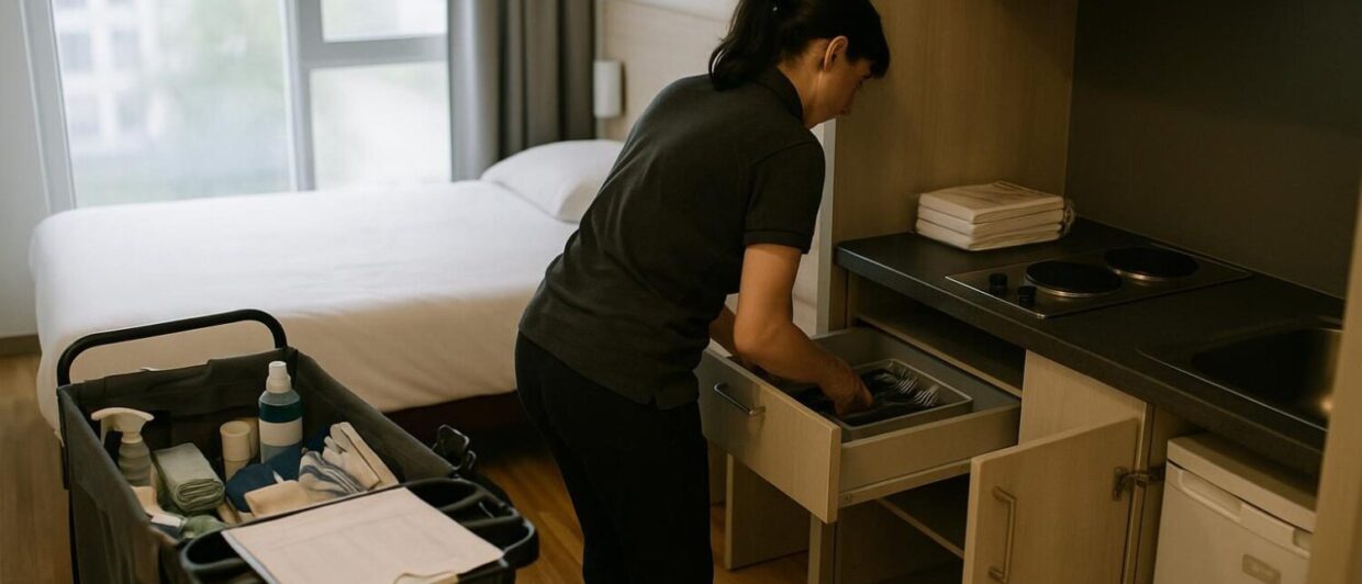 Housekeeperin richtet Apartment-Küche im Adagio Access Leinfelden-Echterdingen ein, Betreiberwechsel-Vorbereitung