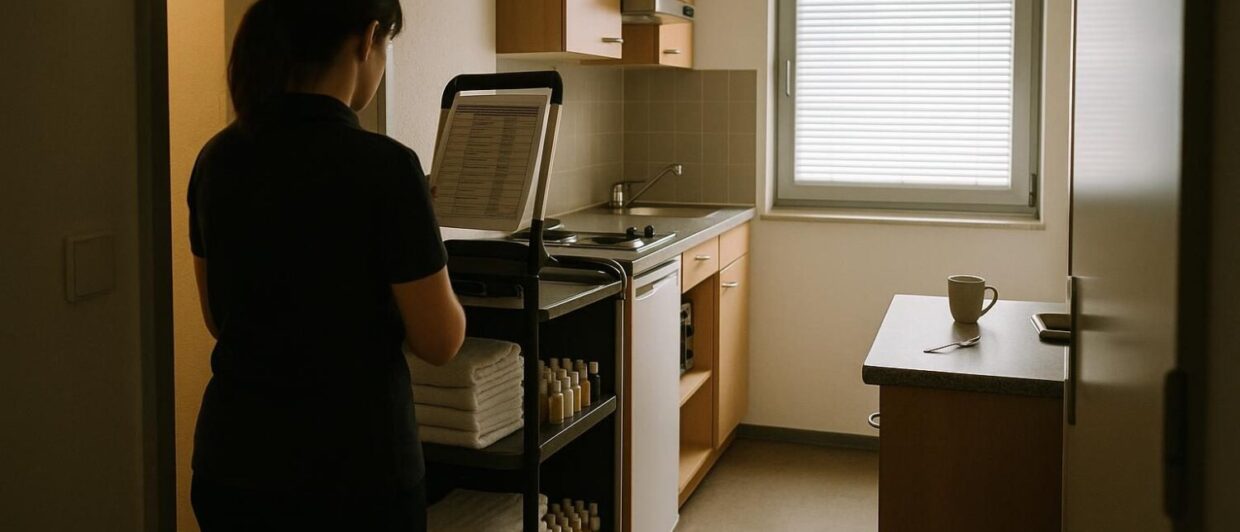 Housekeeping-Mitarbeiterin prüft Zimmerliste am Trolley, Aparthotel-Studio, Gegenlicht durch Jalousien